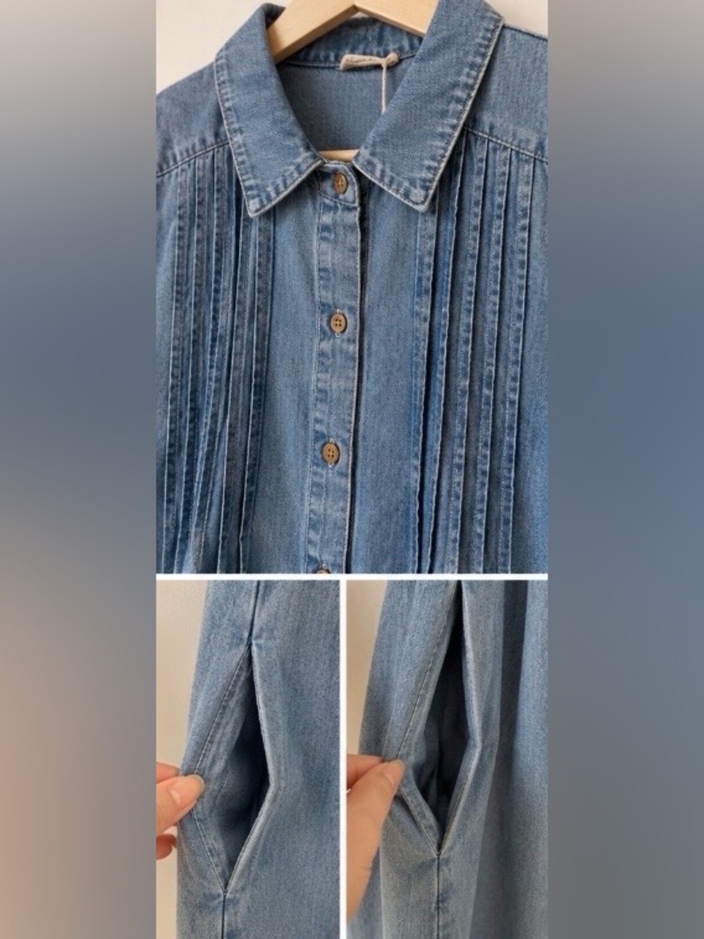 Hem & Thread Sleeveless Chambray Denim Swing Dress‎ Button Front Pockets Boho - Picture 3 of 4